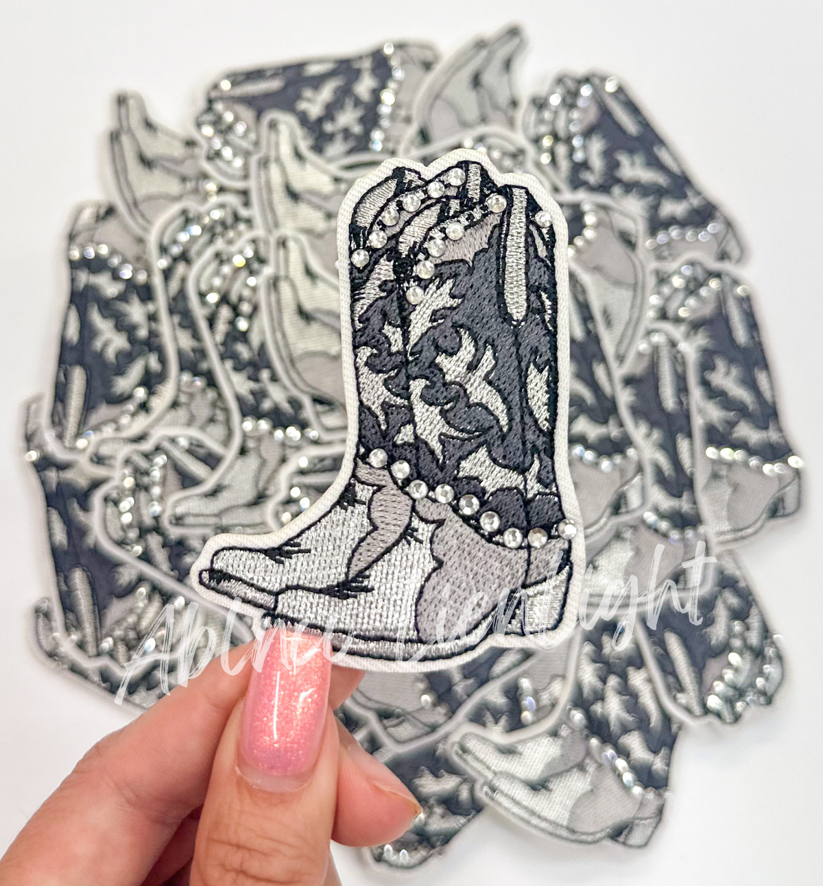 Grey Rhinestone Cowboy Boot Patch