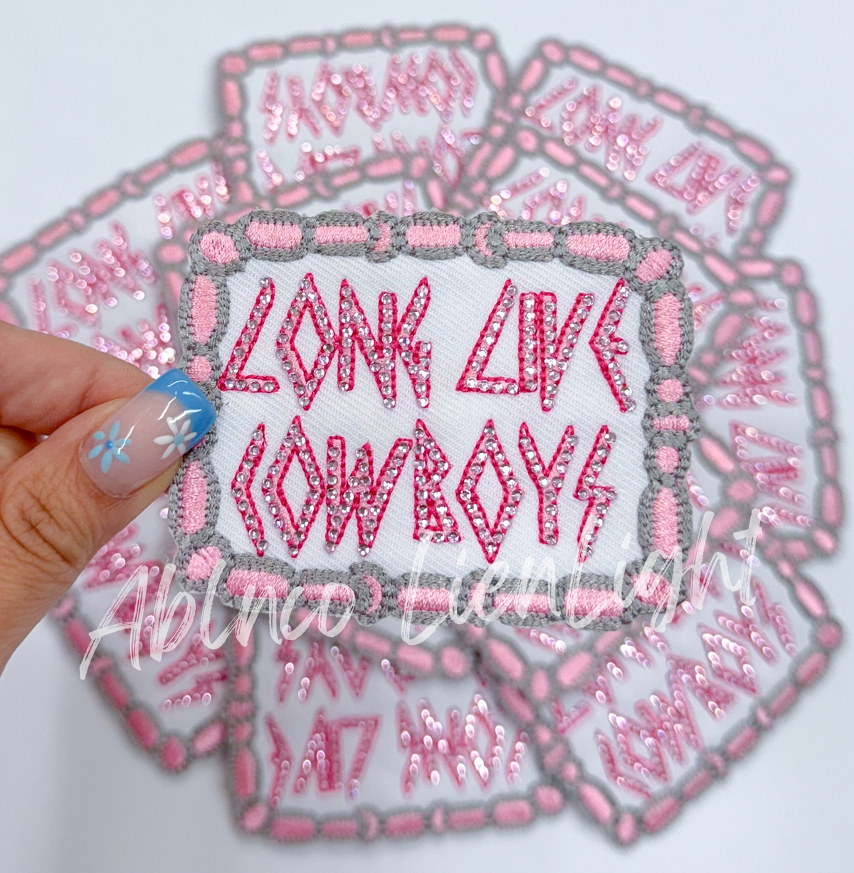 Rhinestone Long Live Cowboys Pink patch iron on