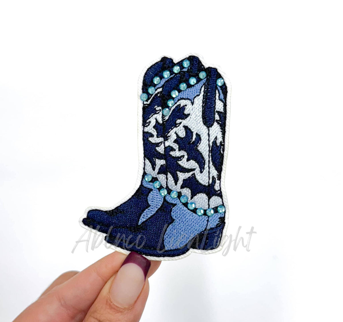 Blue Rhinestone Cowgirl Boot Embroidery Patch 