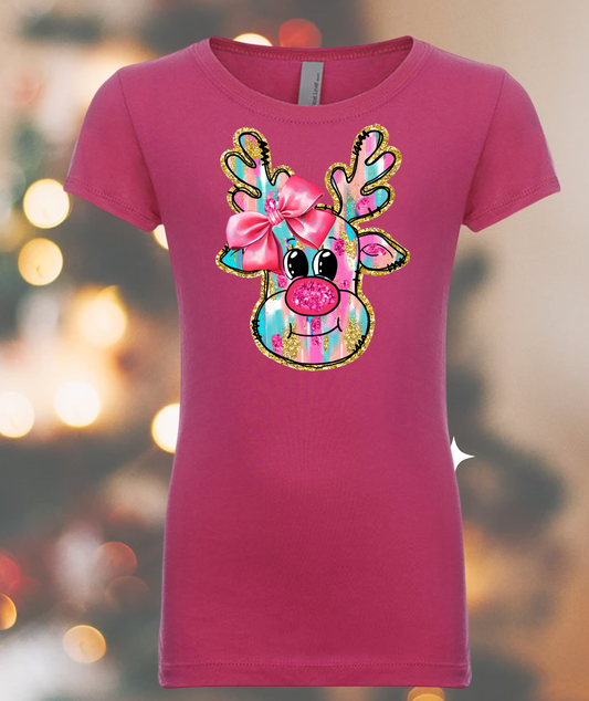 Pink & Faux Glitter Reindeer - Christmas Holiday Shirt